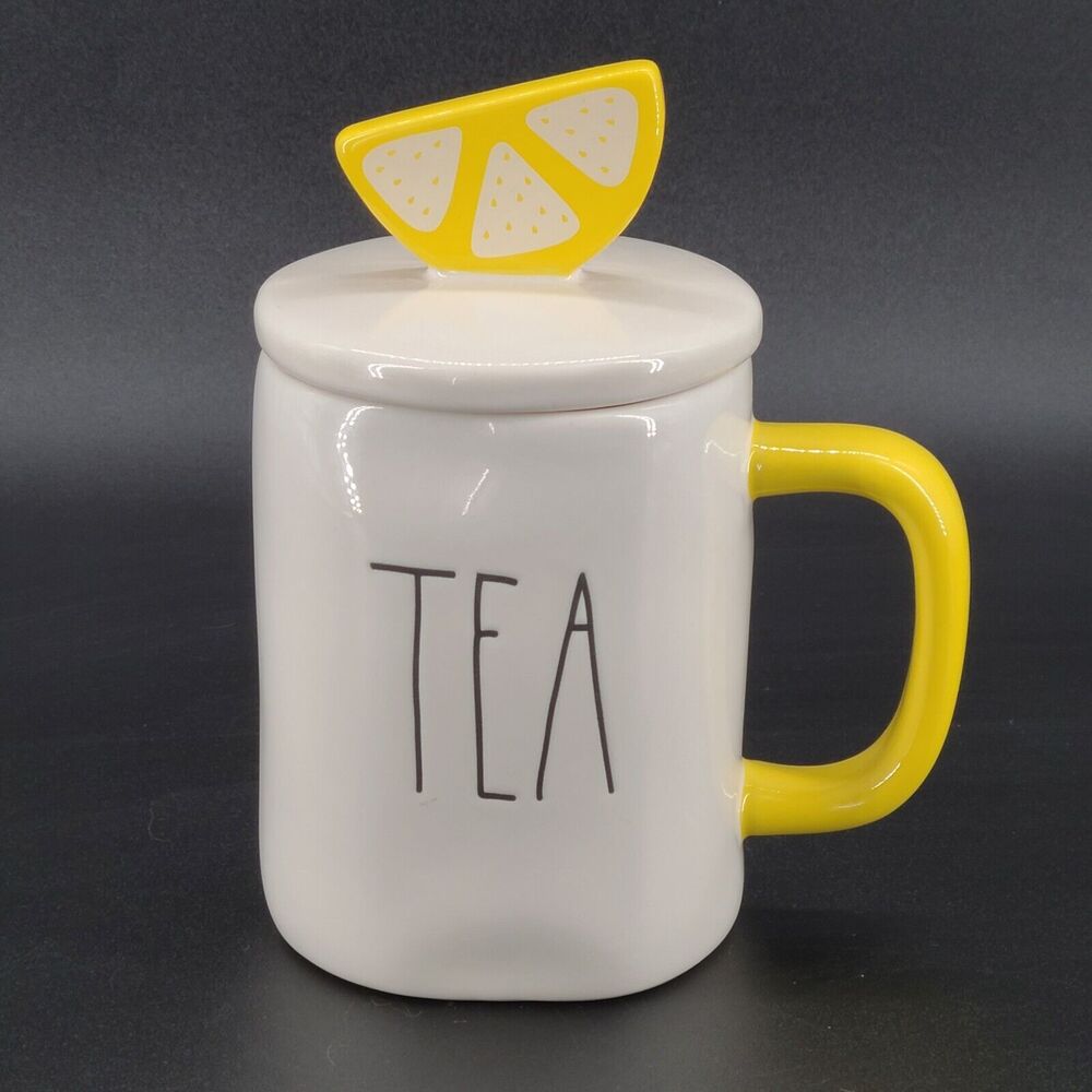 Rae Dunn White Ceramic Tea Mug Lemon Topper Lid Yellow Handle